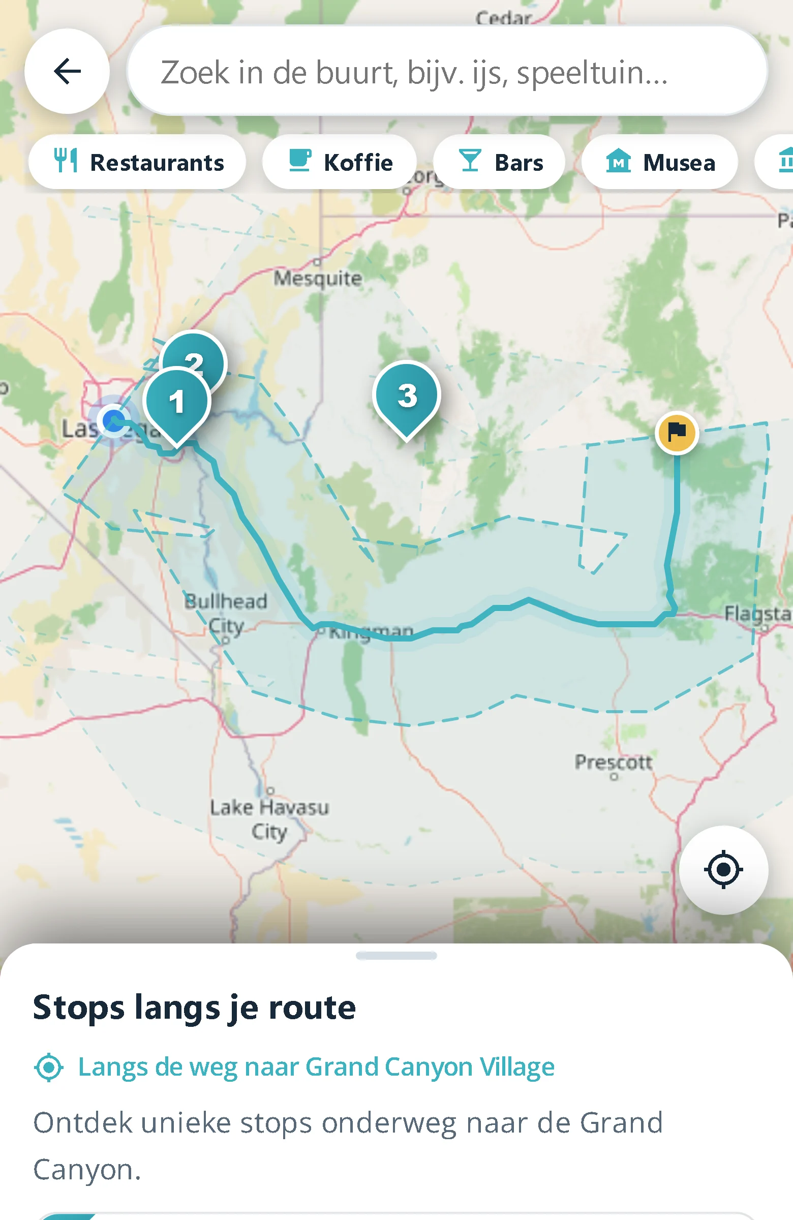 Zoek onderweg en Kiomigo kijkt alleen vooruit langs je route, nooit terug.