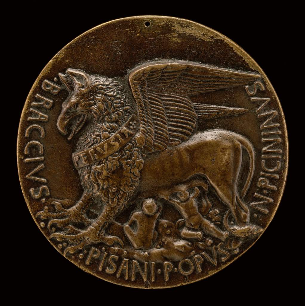 This medal (c. 1441) by Pisanello depicts the Perugian griffin suckling Braccio da Montone and Niccolò Piccinino in the manner of the Roman She-Wolf.[25]