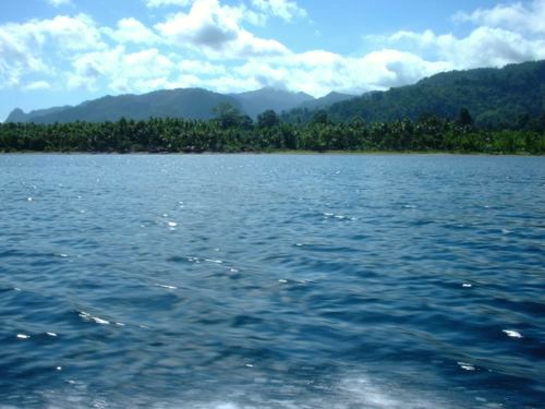 View from a boat towards Tulehu, on the North Seram coast