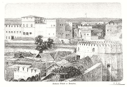 A sketch of Stone Town showing the old fort and palace from the year 1871 to the year 1875