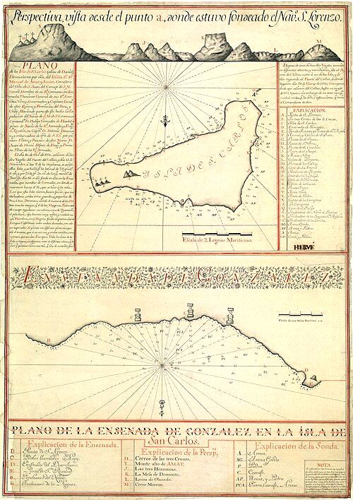 The map of Easter Island (renamed "Isla de San Carlos") from González de Ahedo's 1770 expedition. North is down.