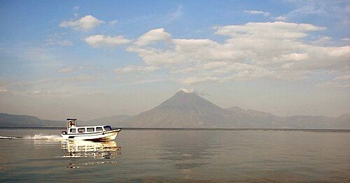 A view across Lake Atitlán from Panajachel to Volcán San Pedro