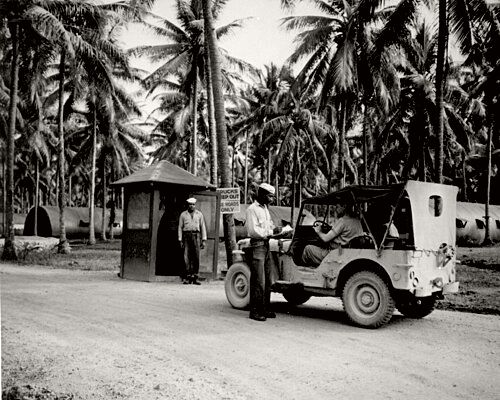 ID check at the entrance to the base during World War II