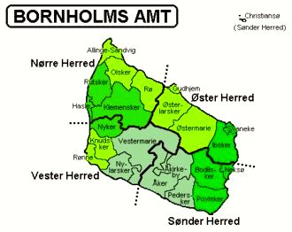 Bornholm and Christiansø hundreds and 5 municipalities (1970–2002) in green colour and 21 municipalities before 1 April 1970