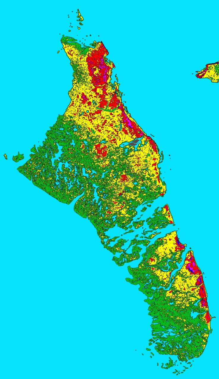 Topographic map of Andros Island.Green: 0–15 ft (0.0–4.6 m)
Yellow: 15–30 ft (4.6–9.1 m)
Red: 30–45 ft (9.1–13.7 m)
Violet: 45–60 ft (14–18 m)
Dark blue: 60+ ft (18.3+ m)