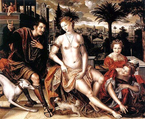 Bathsheba with David's messenger, as the king watches from his roof, 1562 Jan Massys