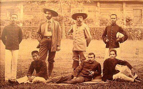 French civil servant Auguste Pavie (centre) and Pierre Lefèvre-Pontalis in 1893 with Cambodian interpreters