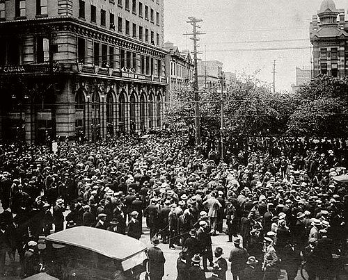 Crowd gathered outside old City Hall during the Winnipeg General Strike in 1919