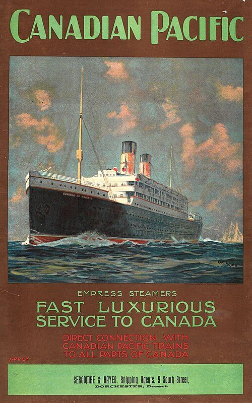 Canadian Pacific poster advertising travel from the UK to Canada by ship, 1920