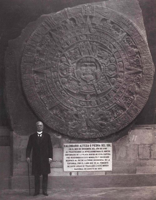 Porfirio Díaz in 1910 at the National Museum of Anthropology with the Aztec Calendar Stone. The regime appropriated the indigenous past for patriotic and state purposes, including promoting tourism
