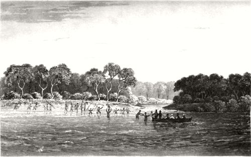 Sketch of P.P. King making contact with the Tiwi at St Asaph Bay, Melville Island, in 1818