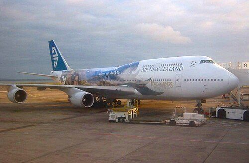 Air New Zealand plane with The Lord of the Rings livery. The film series, shot in New Zealand, may have contributed to the increase in annual tourism numbers in the early 21st century.[10]