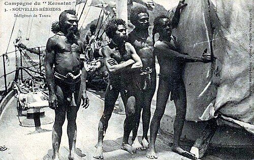 Tanna men on a boat, c. 1905
