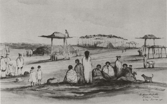 A Māori village on the Canterbury Plains with the surveyors Capt. Thomas, Heaphy, White and Torlesse on the left (sketched by William Fox in 1848).