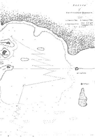 The first recorded Map of Tongataboo Harbour as sketched by Captain Cook in 1777. The map clearly shows the Bay of Nukuʻalofa and his anchored position near Pangaimotu. Small islands of Nukuʻalofa were named with phonetic spelling, including Atata, P