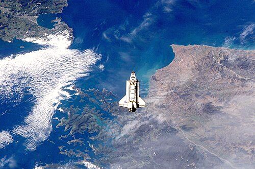 The Sounds visible to the left of the Space Shuttle, image taken from the International Space Station