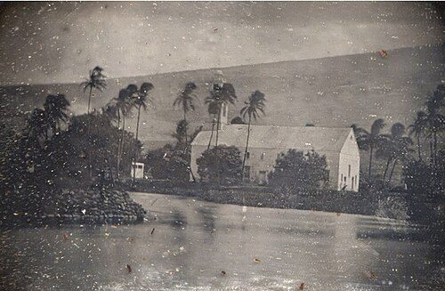 View of Waiola Church and the island of Mokuʻula and Mokuhinia, c. 1855
