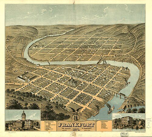 Downtown Frankfort is seen in the foreground, while South Frankfort lies across the river in the background. Fort Hill is in the lower left-hand corner (1871).