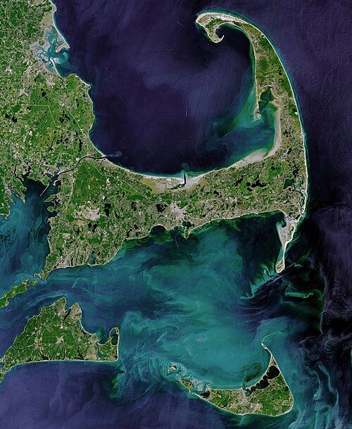 The Cape and Islands: Cape Cod (center to top-center), Martha's Vineyard (bottom left), and Nantucket (bottom right)