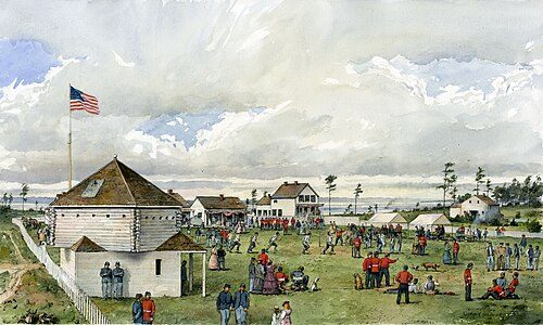 July 4, 1867, celebrated on San Juan Island. U.S. Army soldiers and Royal Marines mingle in the American Camp.